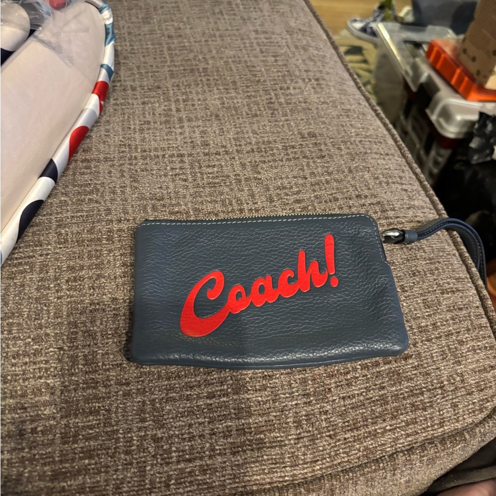 Coach Navy Wristlet with Red Script